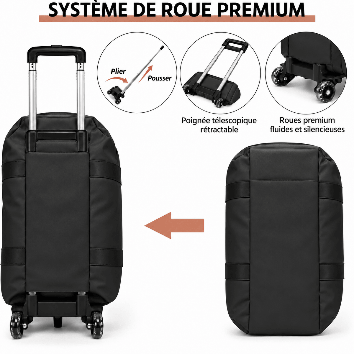 Sac de voyage noir à roulettes imperméable RAVELEE