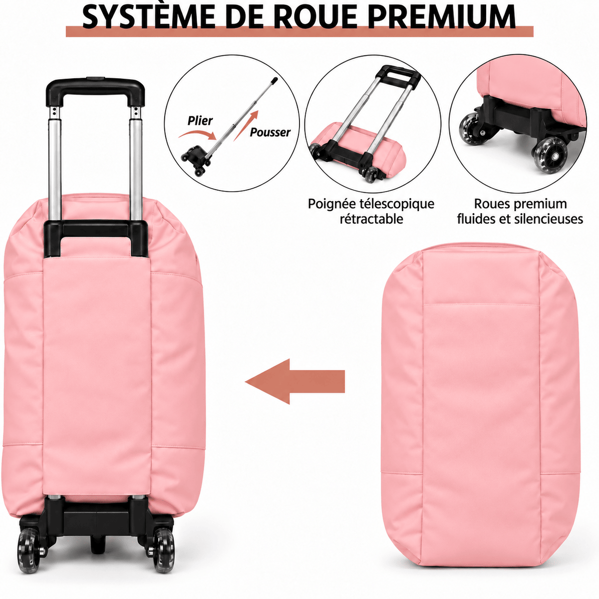 Sac de voyage rose à roulettes imperméable RAVELEE