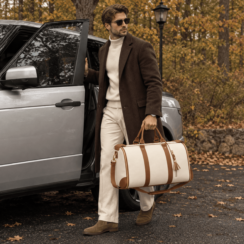 Homme portant un sac de voyage blanc et marron RAVELEE à côté d’un SUV en automne